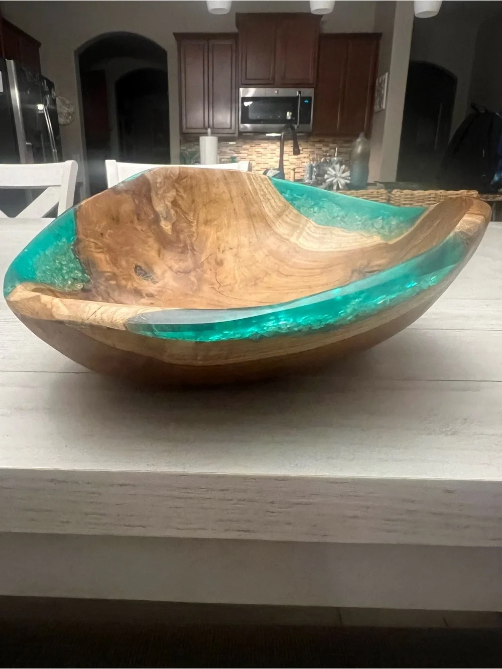 Pier 1 Teak Wood Turquoise Resin Bowl Indonesia Coastal Decor 10”